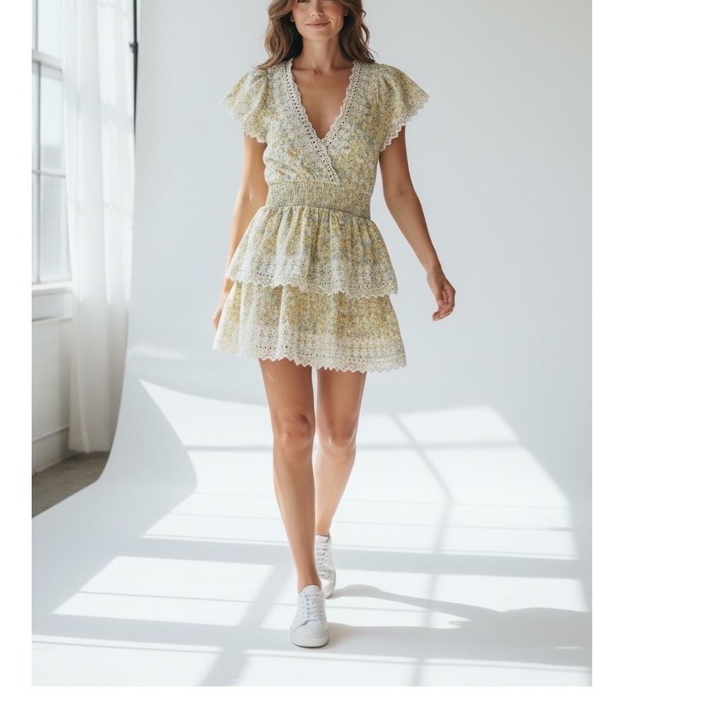 American Eagle Floral Eyelet Tiered Ruffle Mini Dress Cottagecore Fairycore M